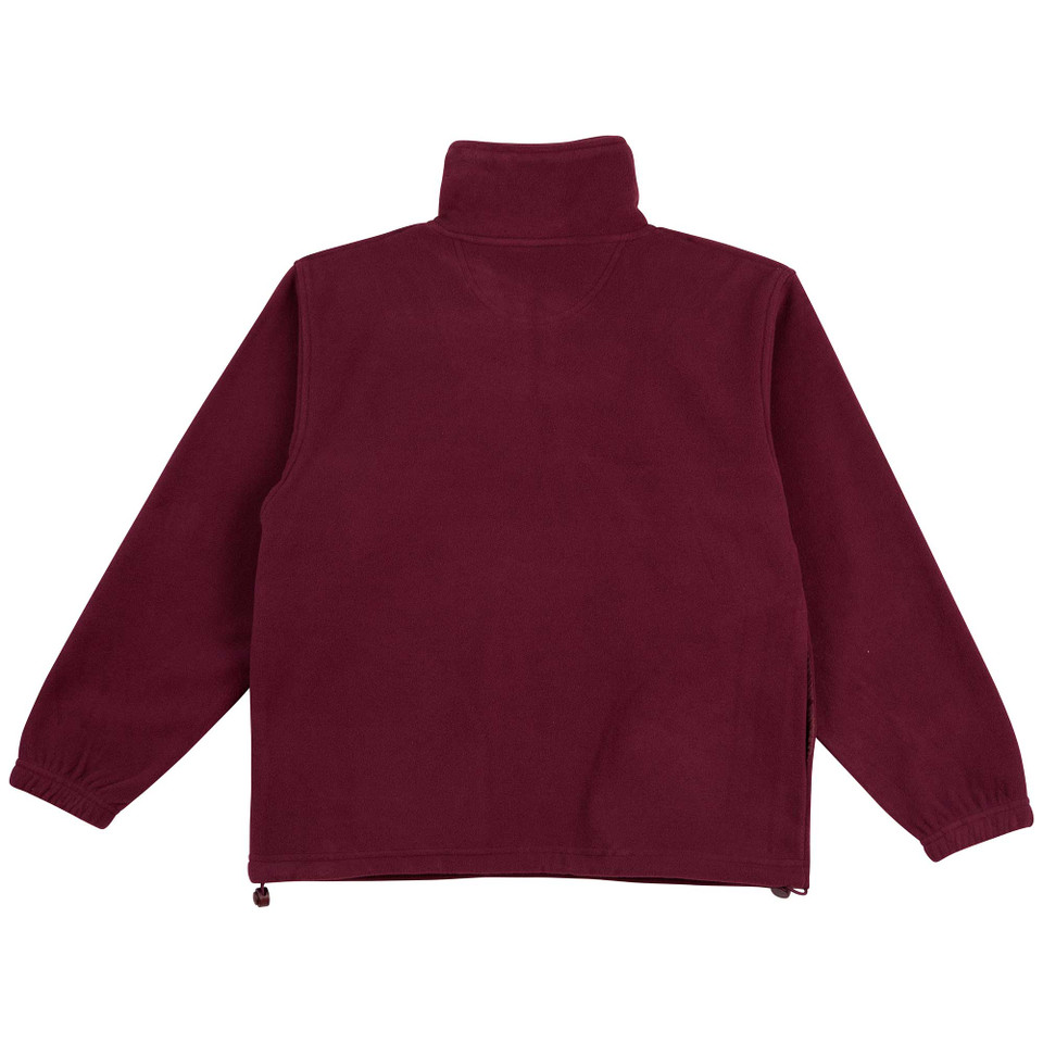 Maroon polar fleece pullover with half zip and high collar, back view showing elastic cuffs