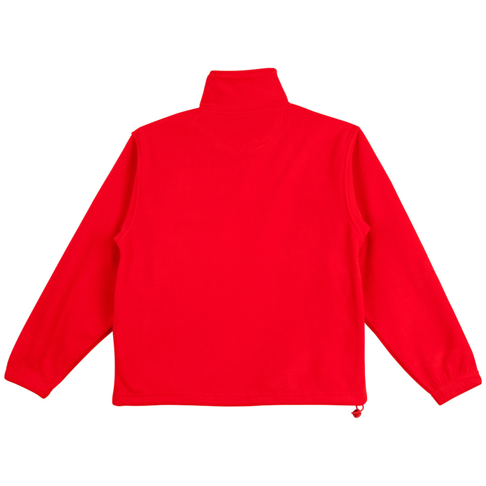 Bright red polar fleece pullover with high neck and half zip closure, shown from back