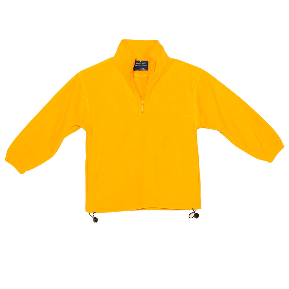 Golden yellow half-zip polar fleece pullover with adjustable drawstring hem and stand collar