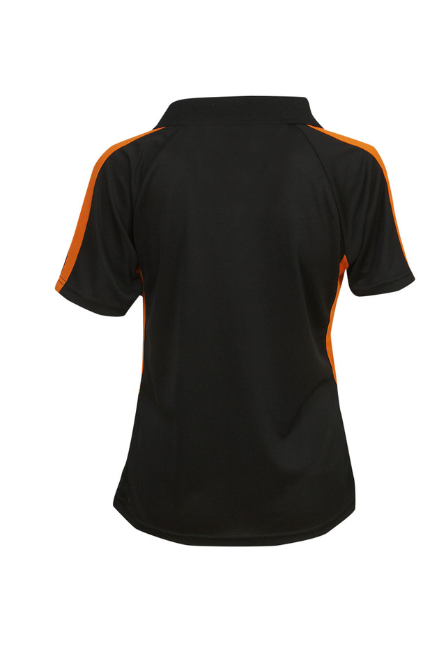 Black ladies polo shirt with orange shoulder and side panel contrast detailing, rear view