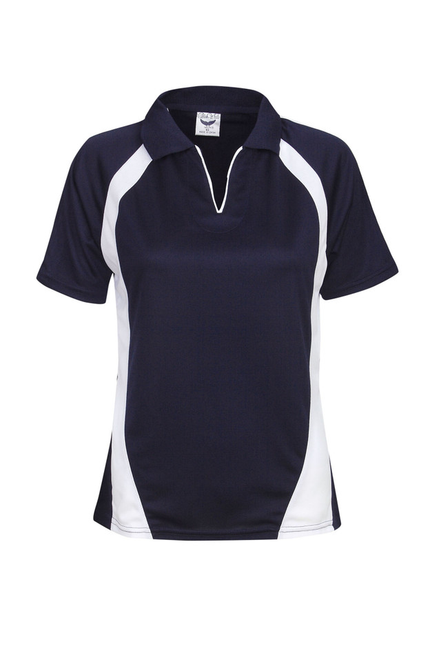 Navy and white ladies polo with contrast side panels and quarter zip placket