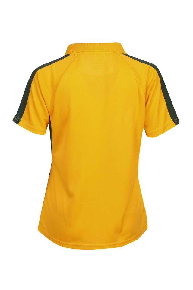 Back view of women's golden yellow polo shirt with dark green shoulder contrast panels and mini-waffle texture
