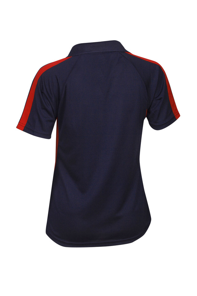Back view of ladies navy polo shirt with red raglan sleeve panels and ribbed collar