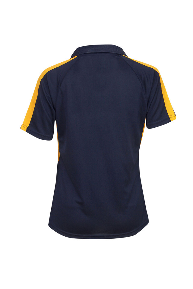 Navy and gold ladies polo shirt back view with contrast shoulder panels and short sleeves