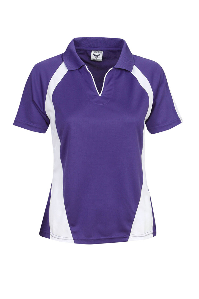 Purple+White Grace Ladies Coolfast short sleeve polo shirt with mini waffle knit, ideal for activewear and team uniforms.