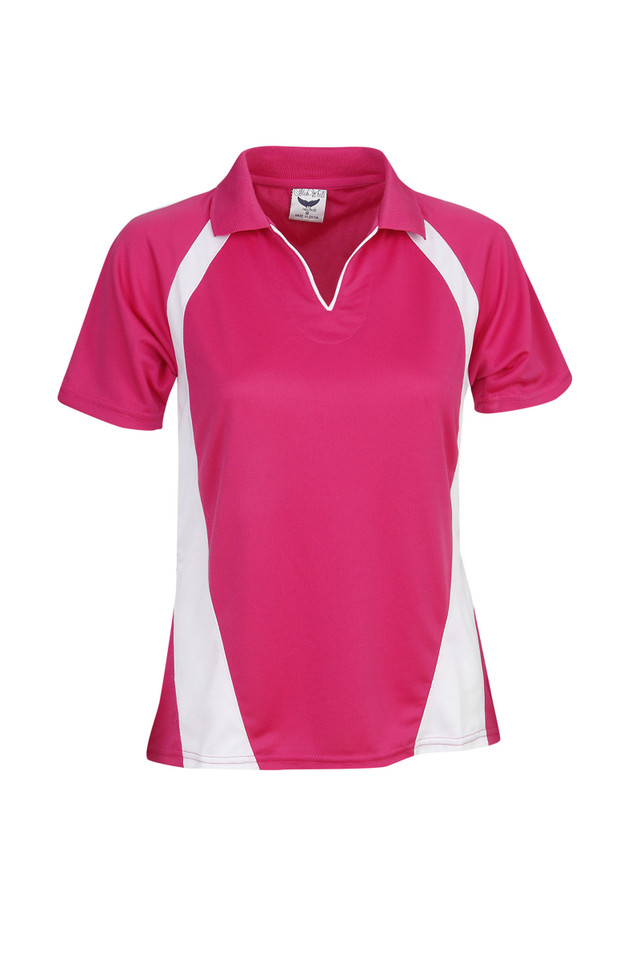 Pink+White Grace Ladies Coolfast short sleeve polo shirt with mini waffle knit, ideal for activewear and team uniforms.