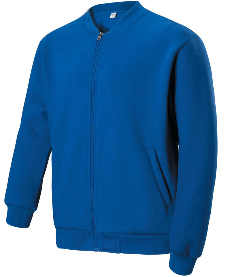 Royal blue fleece bomber jacket with full front zipper, ribbed collar and cuffs, side pockets