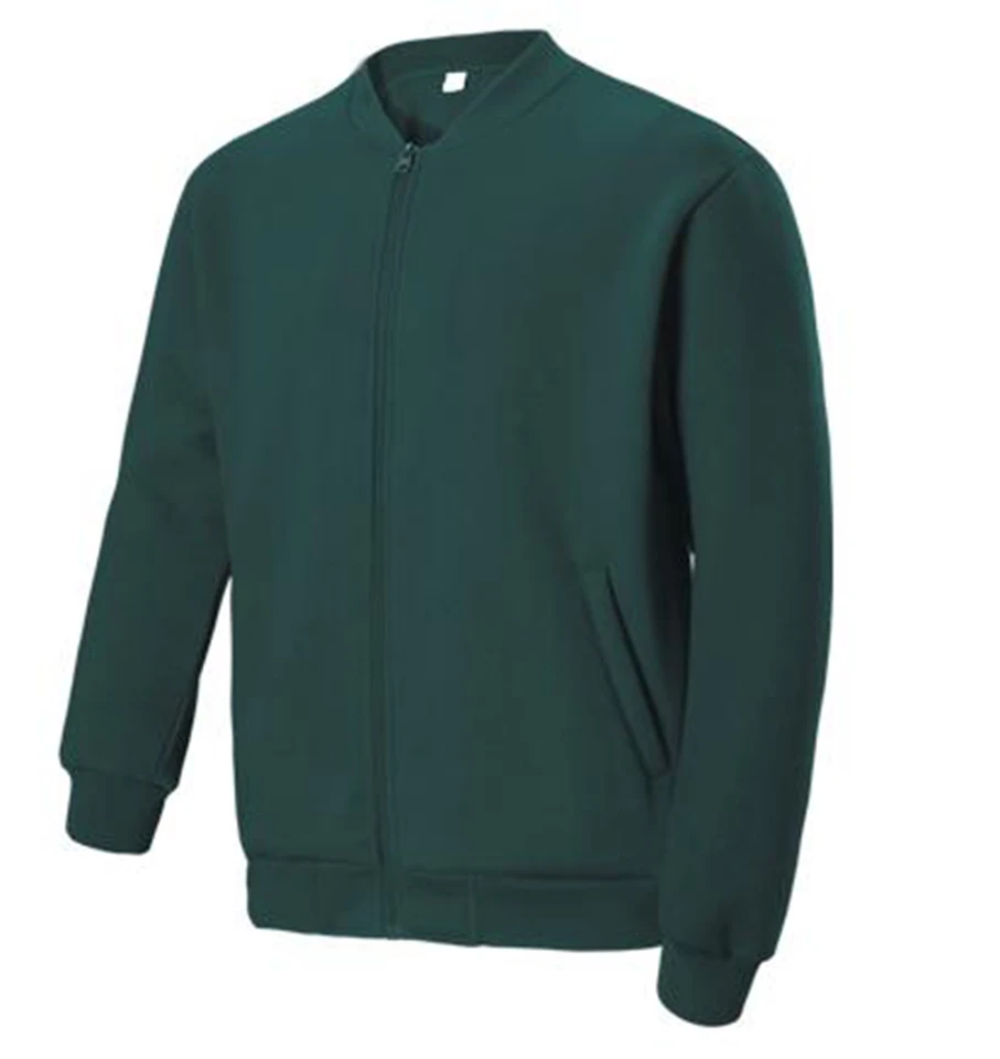 Forest green fleece bomber jacket with ribbed collar, cuffs and hem, side pockets and front zip closure