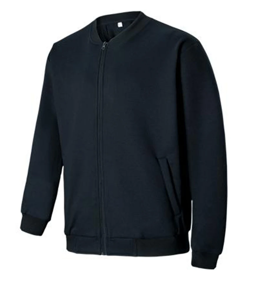 Navy fleece bomber jacket with full zip closure, ribbed cuffs and hem, front pockets