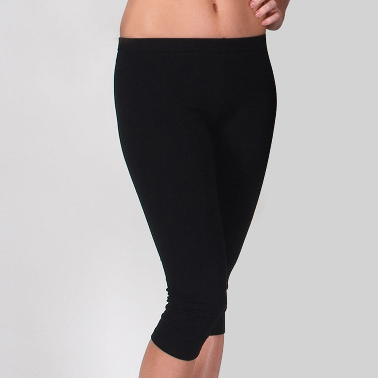 Black three-quarter length stretch leggings with fitted silhouette and elastic waistband