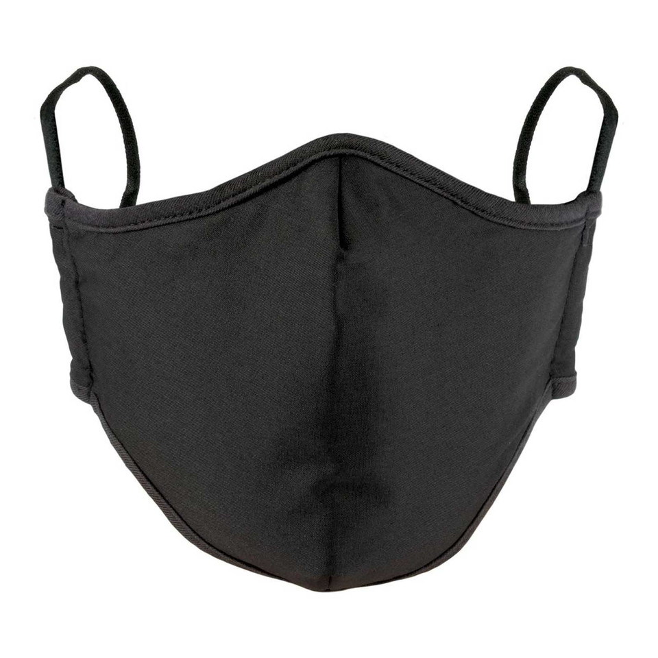 Black reusable three-layer face mask with adjustable ear loops and contoured fit