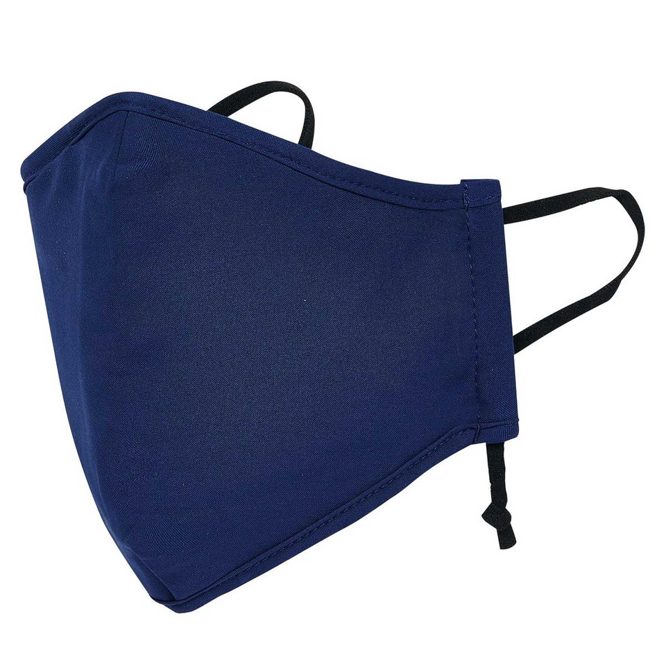 Navy blue reusable face mask with black adjustable ear loops and contoured shape