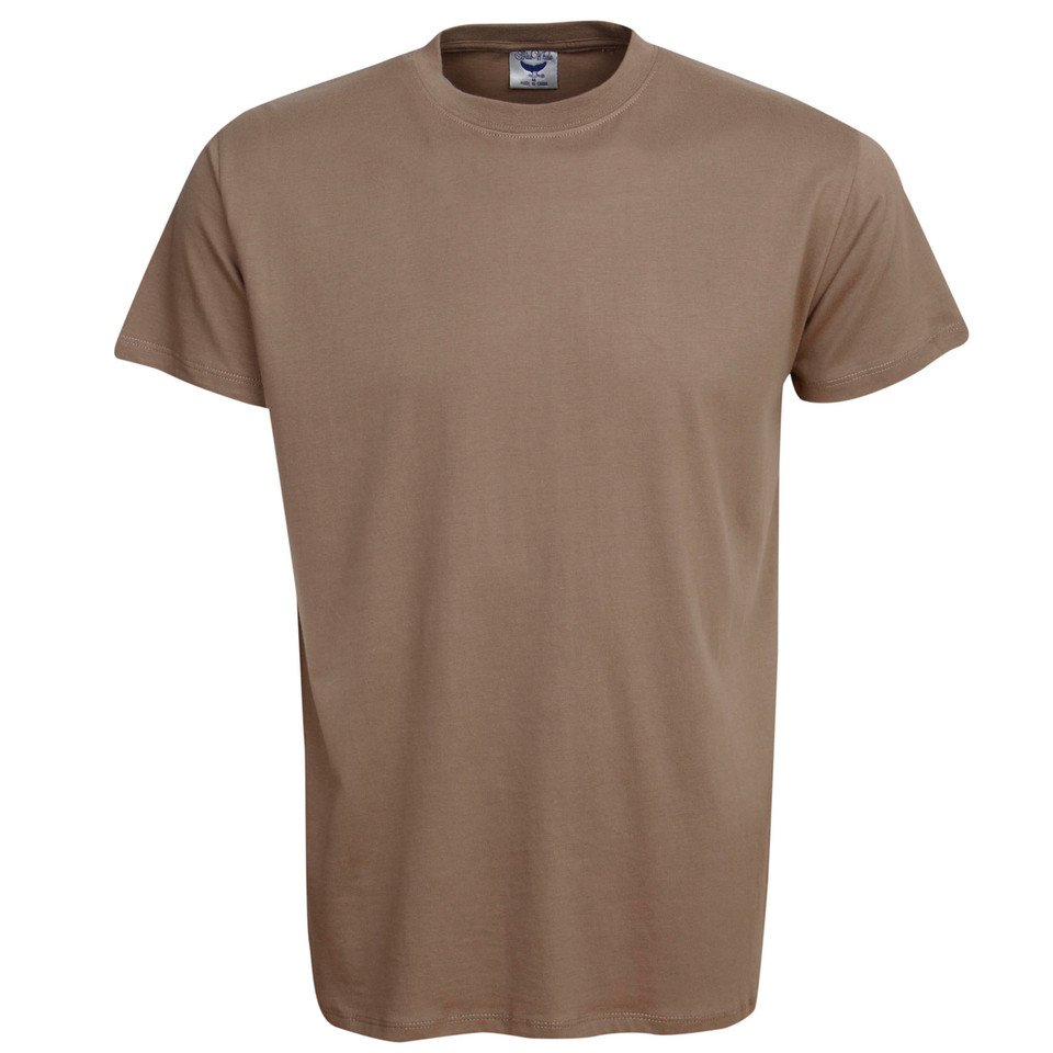 Taupe brown crew neck t-shirt with short sleeves and slim fit silhouette displayed on white background