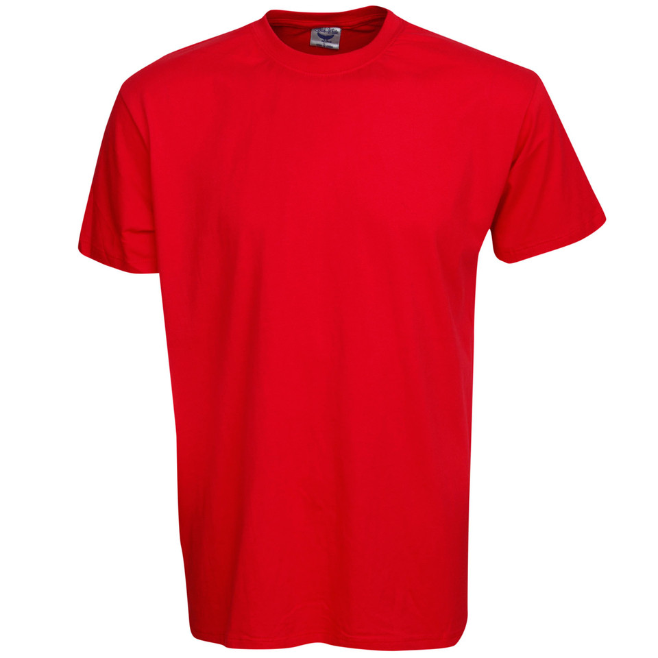 Bright red crew neck t-shirt with short sleeves and slim fit silhouette showing smooth cotton fabric