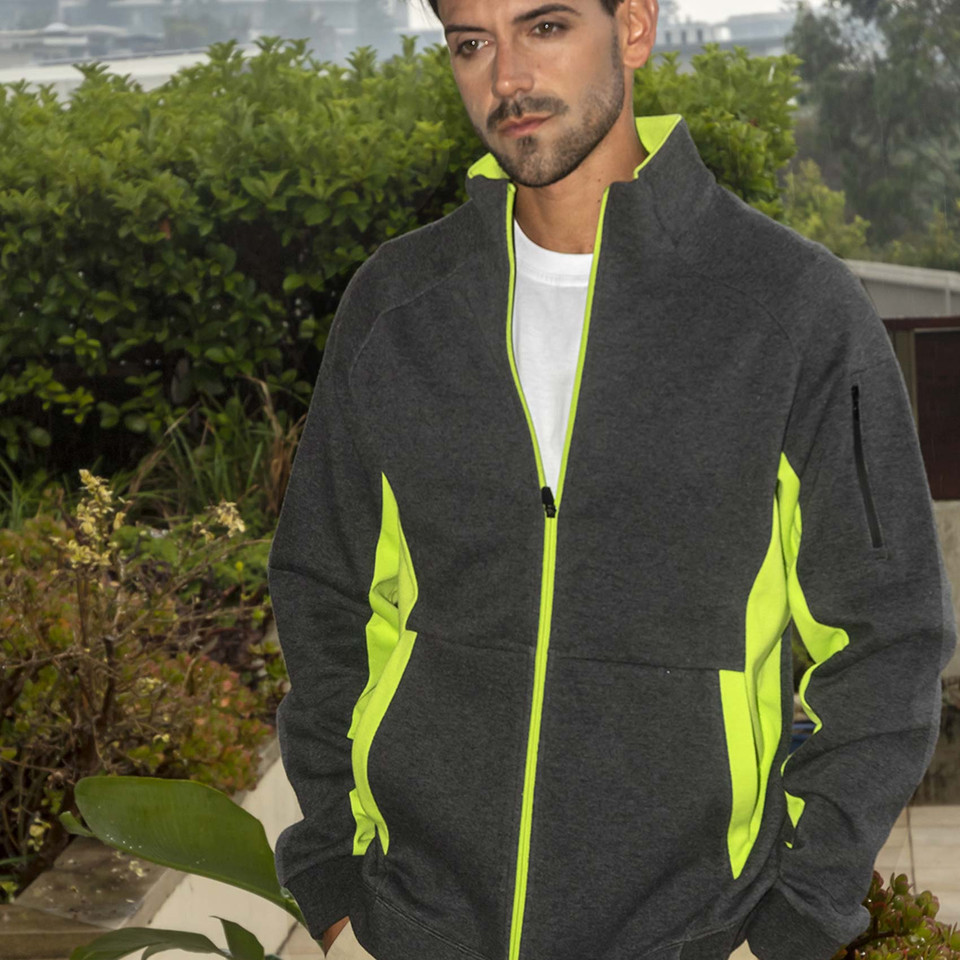 Charcoal grey fleece jacket with fluorescent yellow contrast panels and full zip front