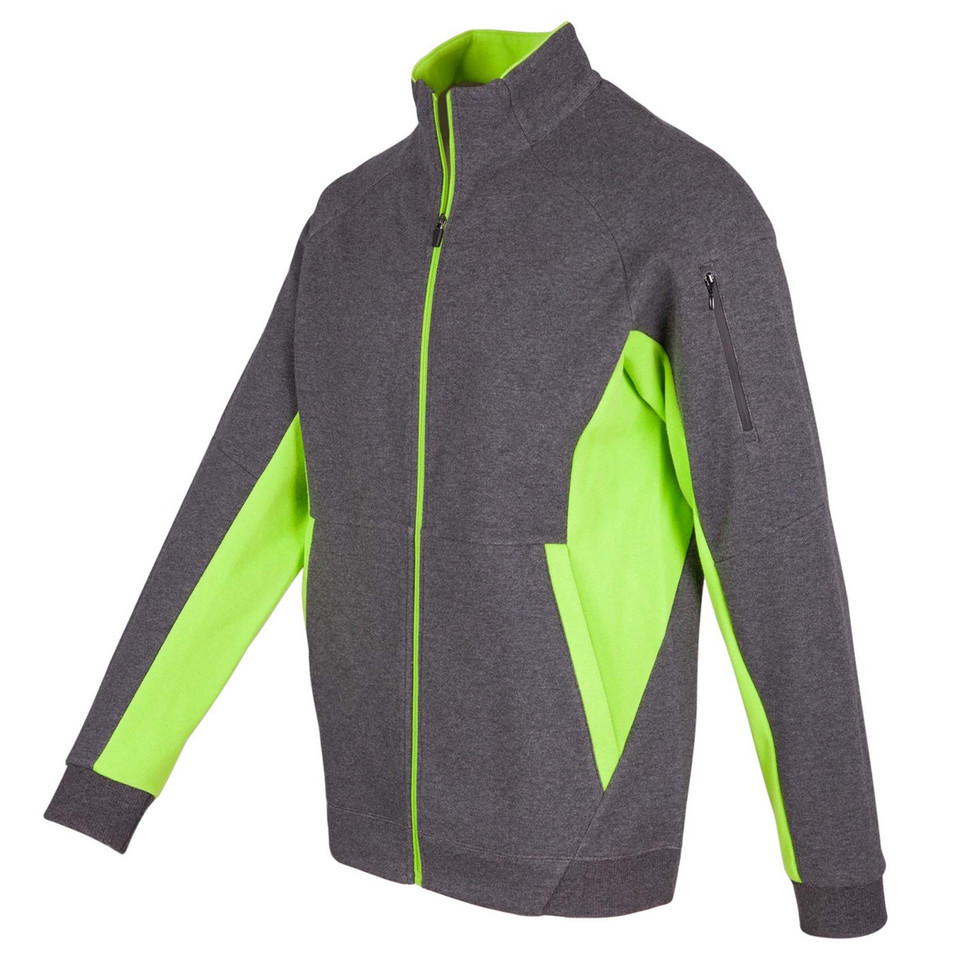 Charcoal grey jacket with lime green contrast panels on sleeves and sides, featuring full zip closure and zippered chest pocket