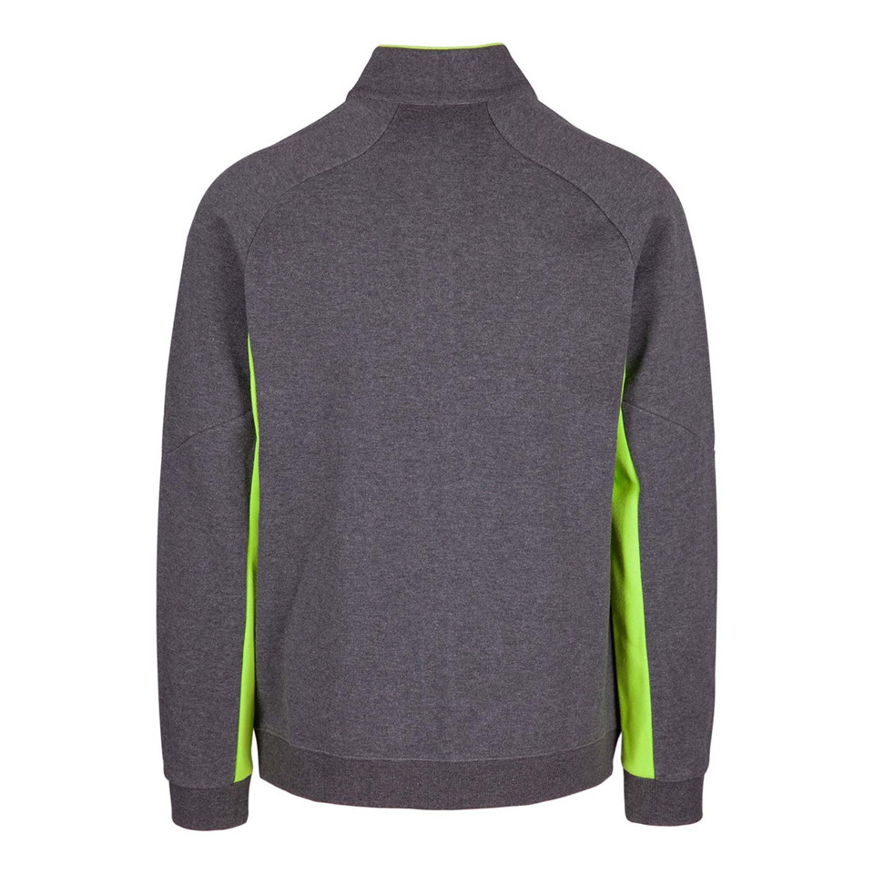 Charcoal grey high neck jacket with fluorescent yellow side panels and raglan sleeves