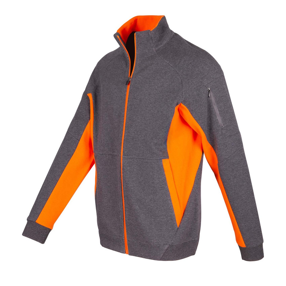 Charcoal grey and bright orange contrast jacket with high neck and zippered pockets