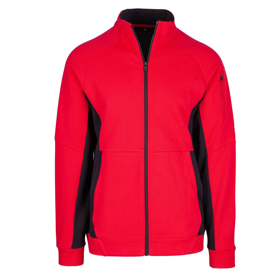 Bright red heavyweight jacket with black contrast side panels and high collar, featuring full-length front zipper