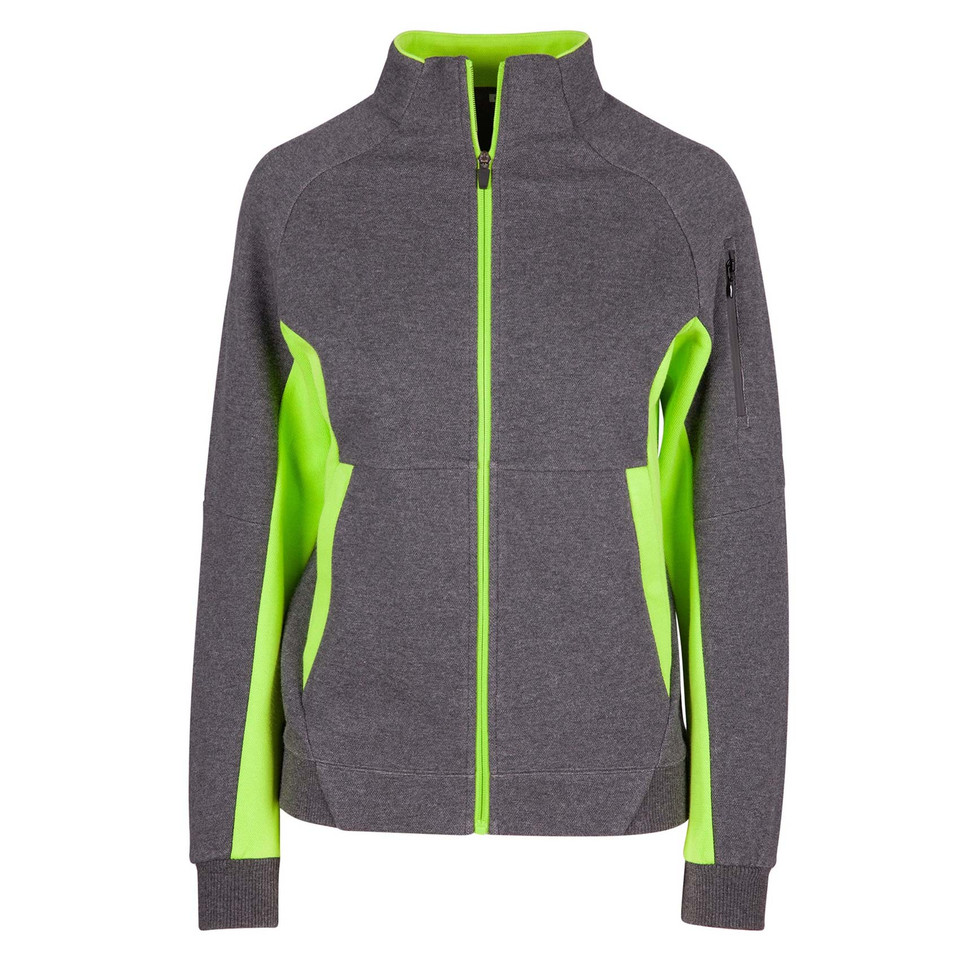 Charcoal grey high neck jacket with lime green contrast panels, full-length zipper and side pockets