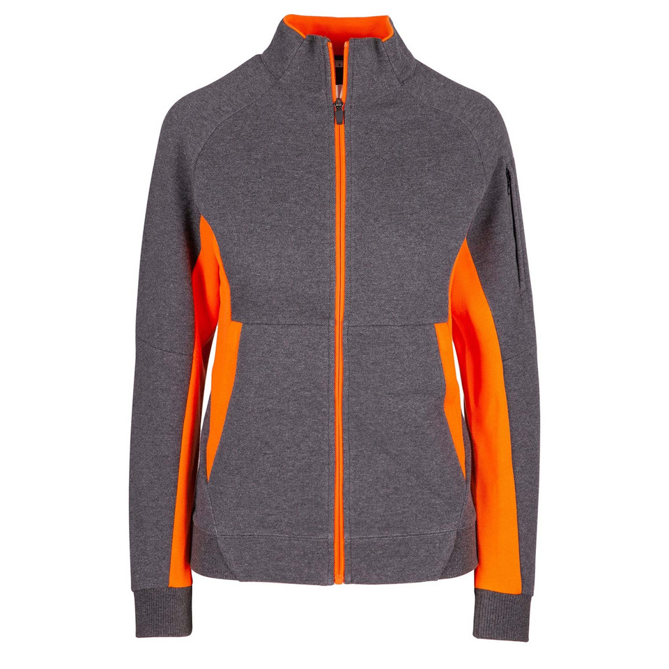 Charcoal grey jacket with bright orange contrast zipper, collar trim, side panels and sleeve inserts