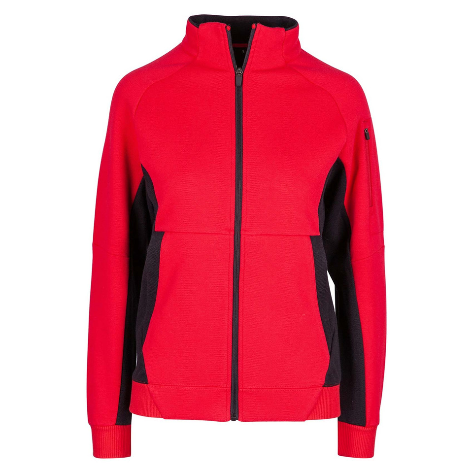 Red ladies jacket with black contrast side panels and full-length zipper featuring high neck collar