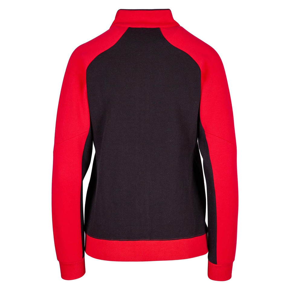 Ladies contrast jacket with black body, red sleeves and high neck collar in heavyweight fabric