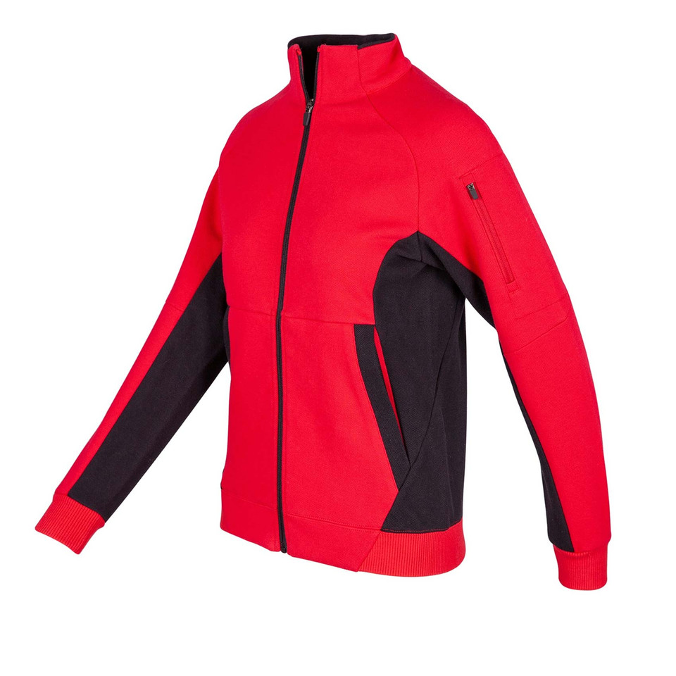 Red and black contrast panel jacket with high neck, side pockets and zippered sleeve detail