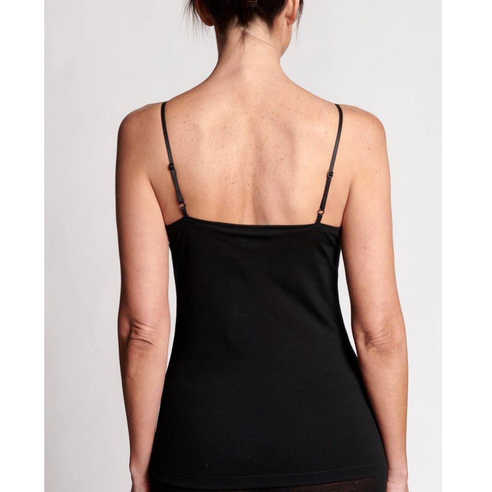 Black Plain CASSIA ladies camisole (singlet) made from a thermo-regulating E-Wool Merino and Lyocell blend, ideal as a silky soft, anti-bacterial thermal base layer.
