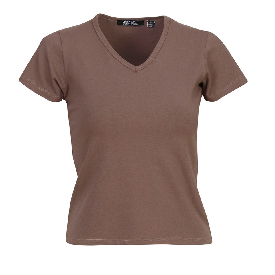 Women's taupe brown v-neck t-shirt with short sleeves and fitted silhouette