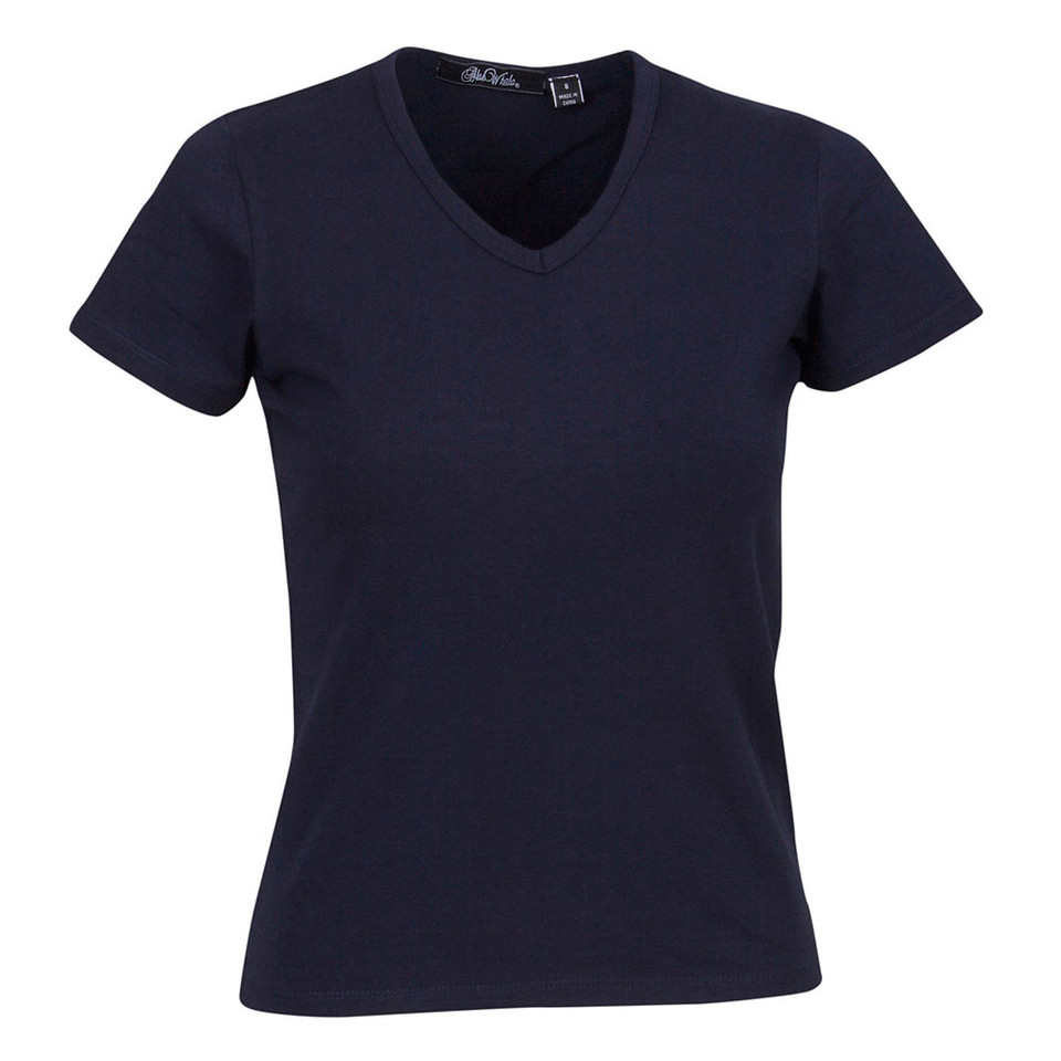 Navy Plain Jacinta women's short-sleeve V-neck t-shirt with a slim fit, made from soft, high-stretch combed cotton/Lycra blend for comfort and ease of movement.