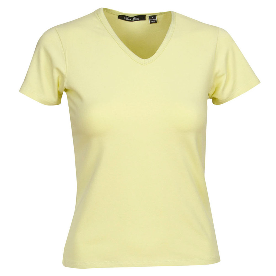 Pale yellow women's v-neck tee with short sleeves and fitted silhouette