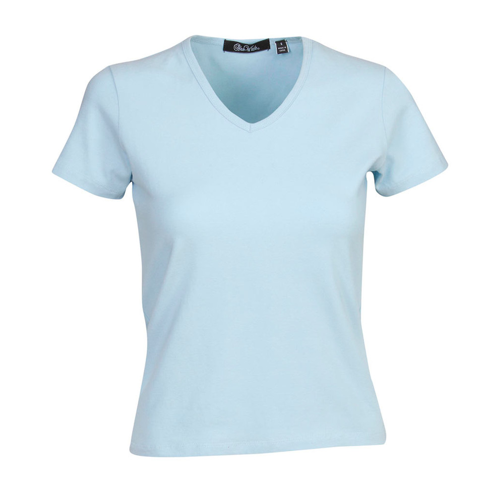 Pale blue women's fitted v-neck tee with short sleeves and smooth stretch fabric