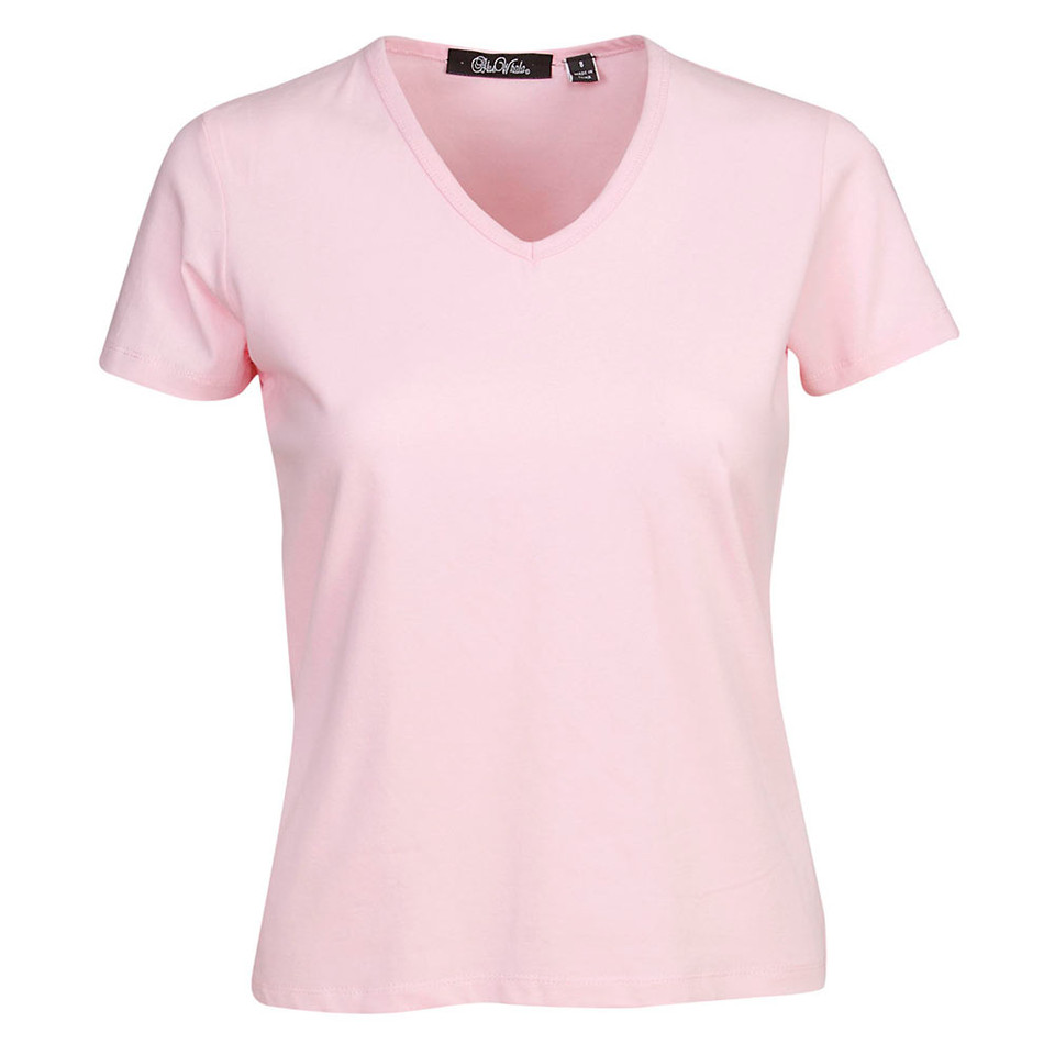 Soft pink women's fitted v-neck t-shirt with short sleeves and smooth stretch fabric finish
