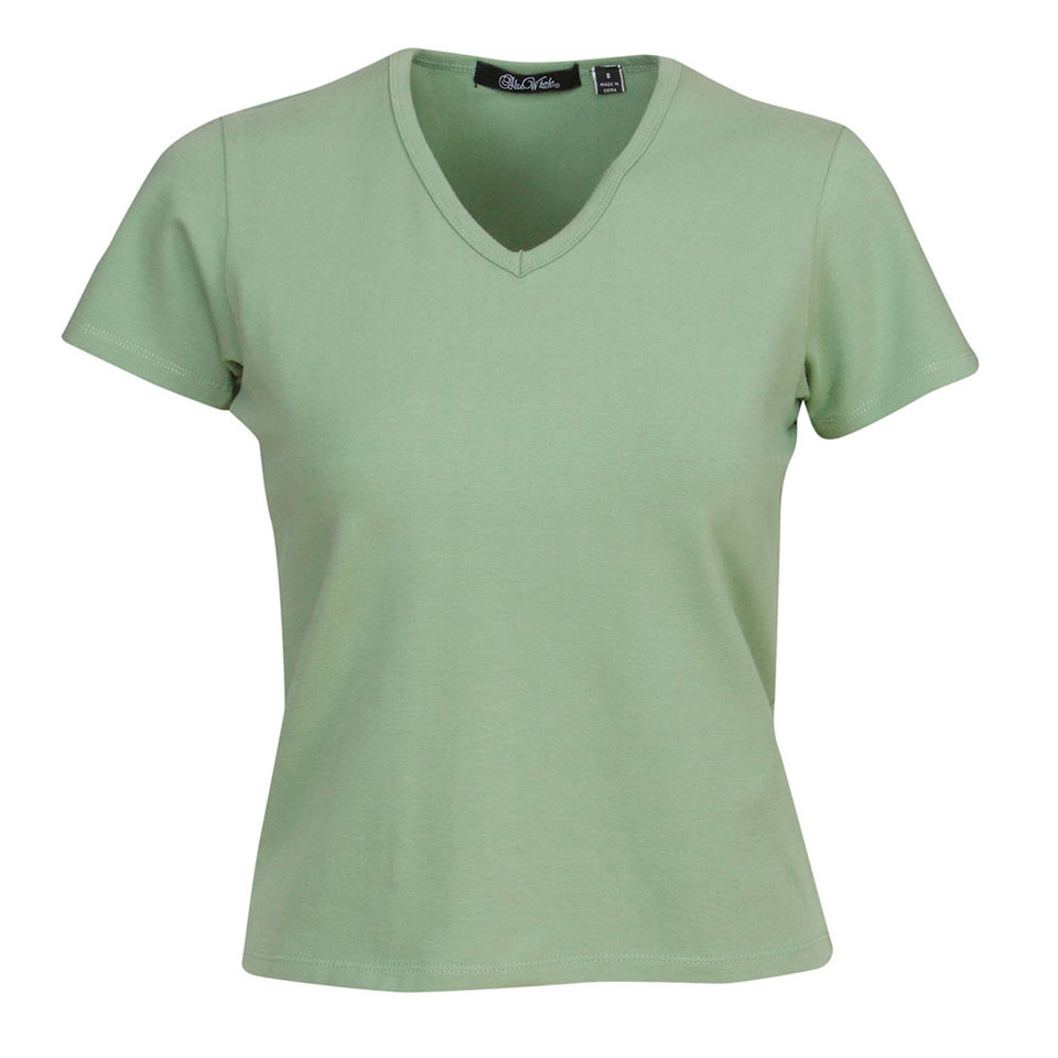 Sage green women's v-neck t-shirt with short sleeves and smooth stretch fabric finish