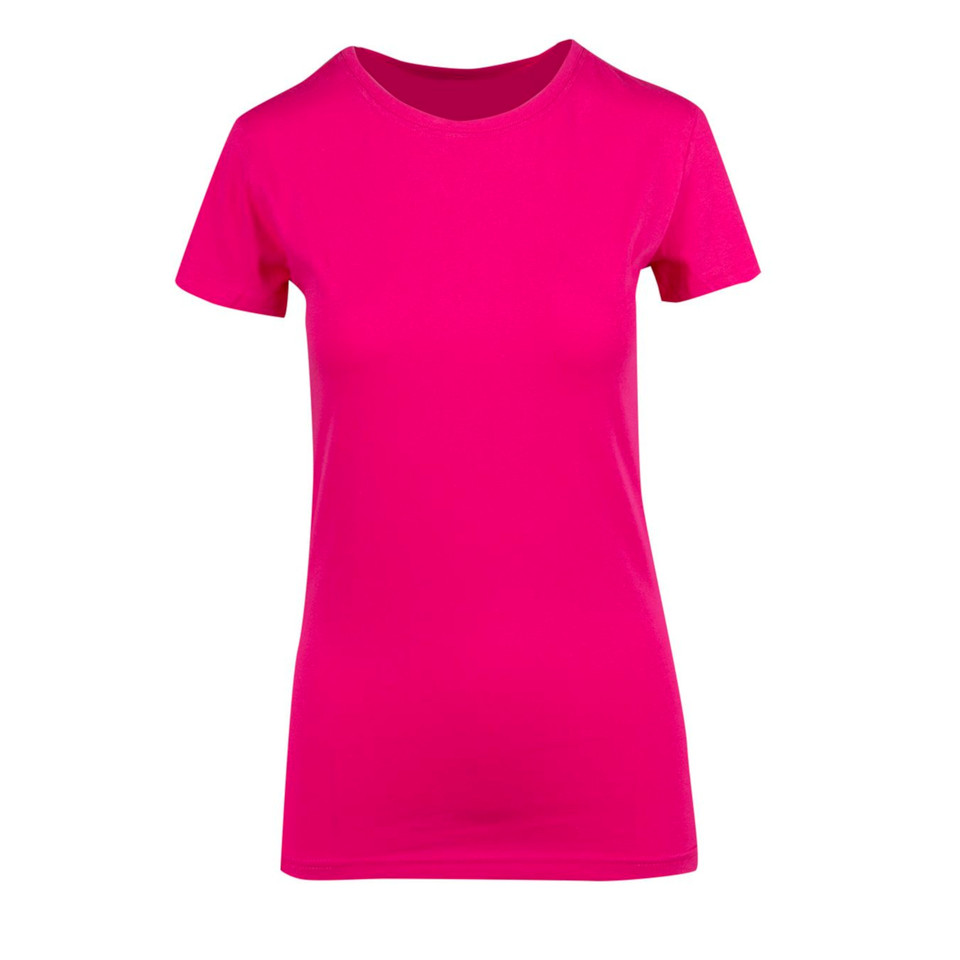 Hot pink ladies fitted crew neck t-shirt with short sleeves and smooth cotton fabrication