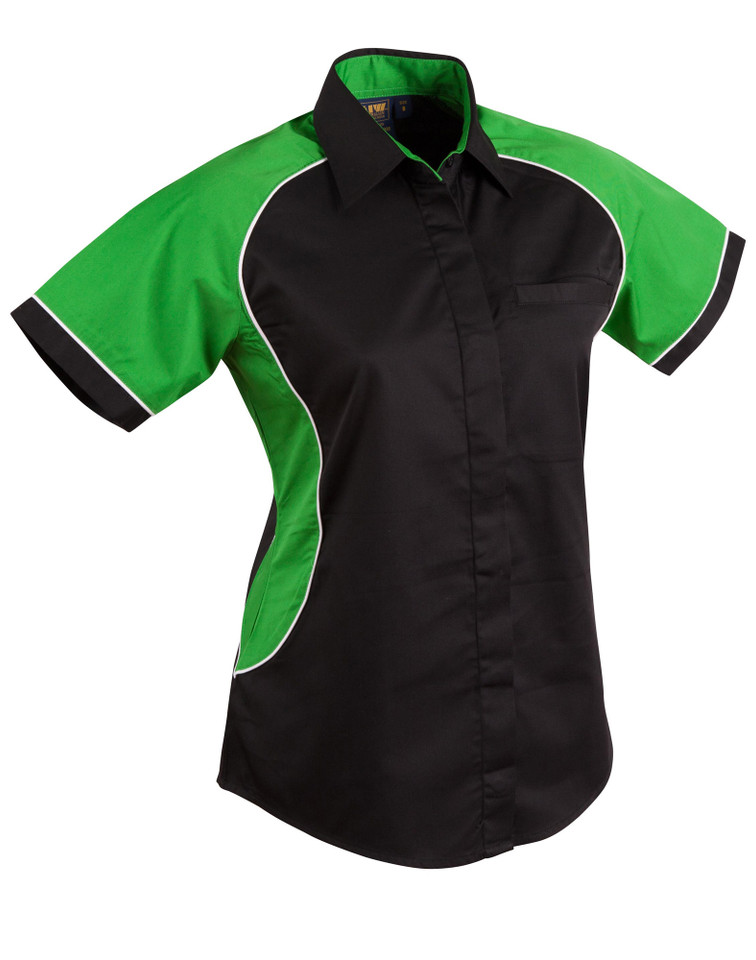 Black short-sleeve shirt with emerald green contrast panels and white piping detail on shoulders and sides