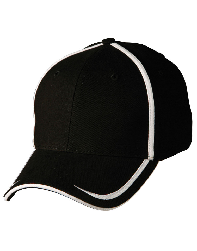 Black cotton twill cap with white contrast piping on crown and brim edge
