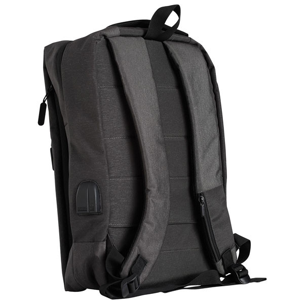 Charcoal heather laptop backpack rear view showing padded straps, side zip pocket and structured back panel