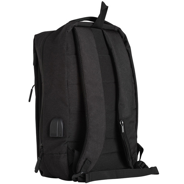 Black heather textured executive laptop backpack — rear view showing padded straps, side zip pocket and carry handle
