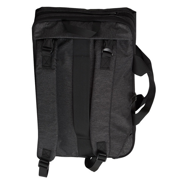 Charcoal heather laptop satchel showing rear view with adjustable black shoulder straps and top zip closure