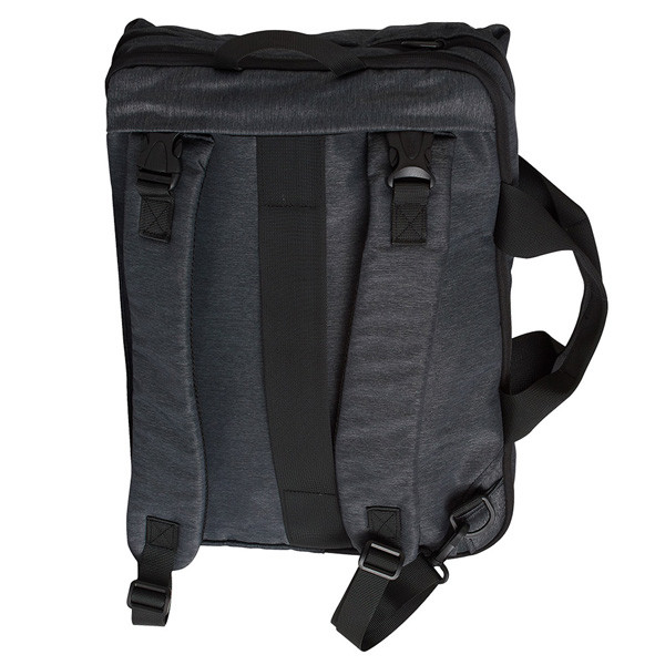 Charcoal heather laptop satchel with black straps and buckle closures, back view showing padded shoulder straps