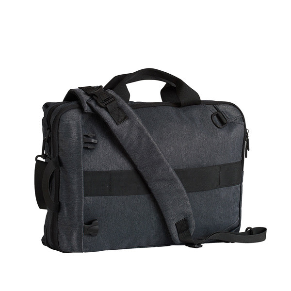 Charcoal heather laptop satchel with black contrast straps, carry handles, and adjustable shoulder strap