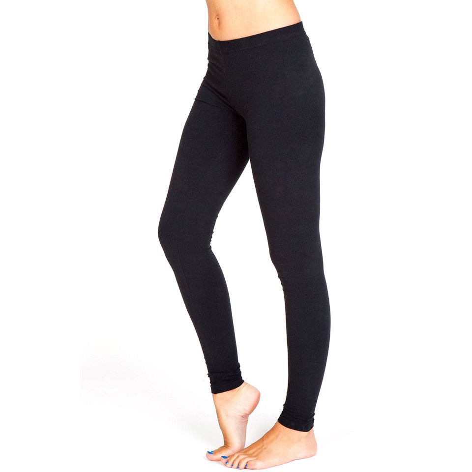 Black full-length leggings with wide elasticated waistband shown in side profile view