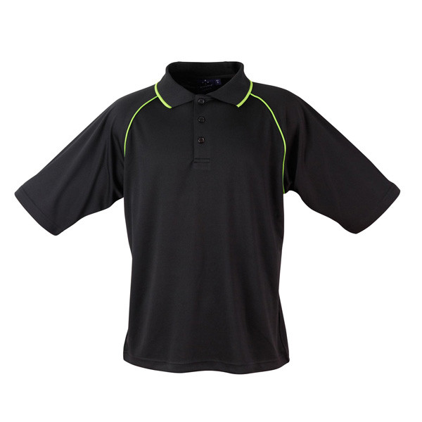 Black+Lime Arlo Men's Cooldry Contrast Piping Raglan Polo Shirt, a moisture-wicking and quick-drying athletic top ideal for team uniforms, sports, or corporate wear.