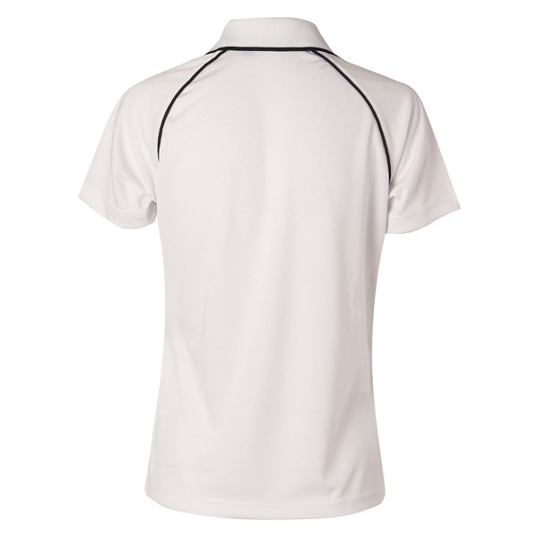 White polo shirt with black contrast piping detail along raglan sleeves and collar, shown from back view