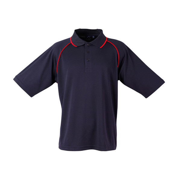 Navy CoolDry polo with red contrast piping along raglan sleeves and collar detail