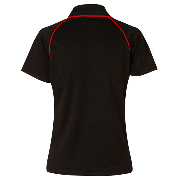 Black polo shirt with red contrast piping along raglan sleeves and collar, back view
