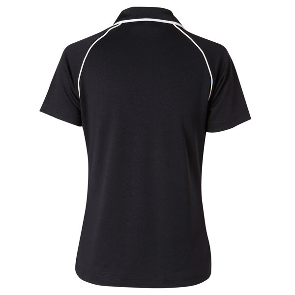 Black CoolDry polo shirt with white contrast piping along raglan sleeves and collar, rear view