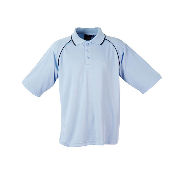 Light blue polo shirt with navy contrast piping along raglan sleeves and collar